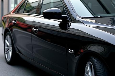 Photo of a black sedan showing mirror-like paint reflection